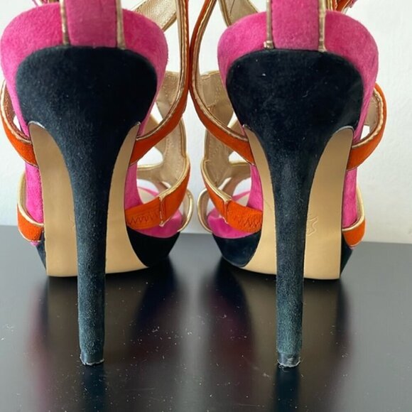 BCBG MaxAzria Kaycee Strappy open toe Suede Platform Sandals 8.5 pink/orange - Picture 7 of 9